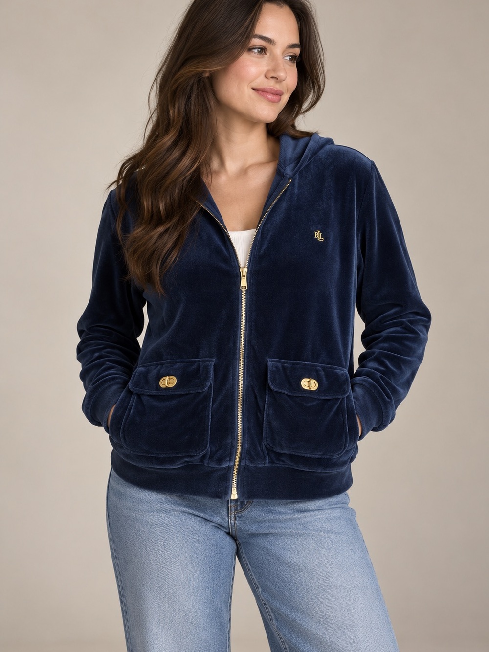 Lauren Ralph Lauren Velvety Navy Velour Zip Hoodie with Gold Accents Fall Outfit